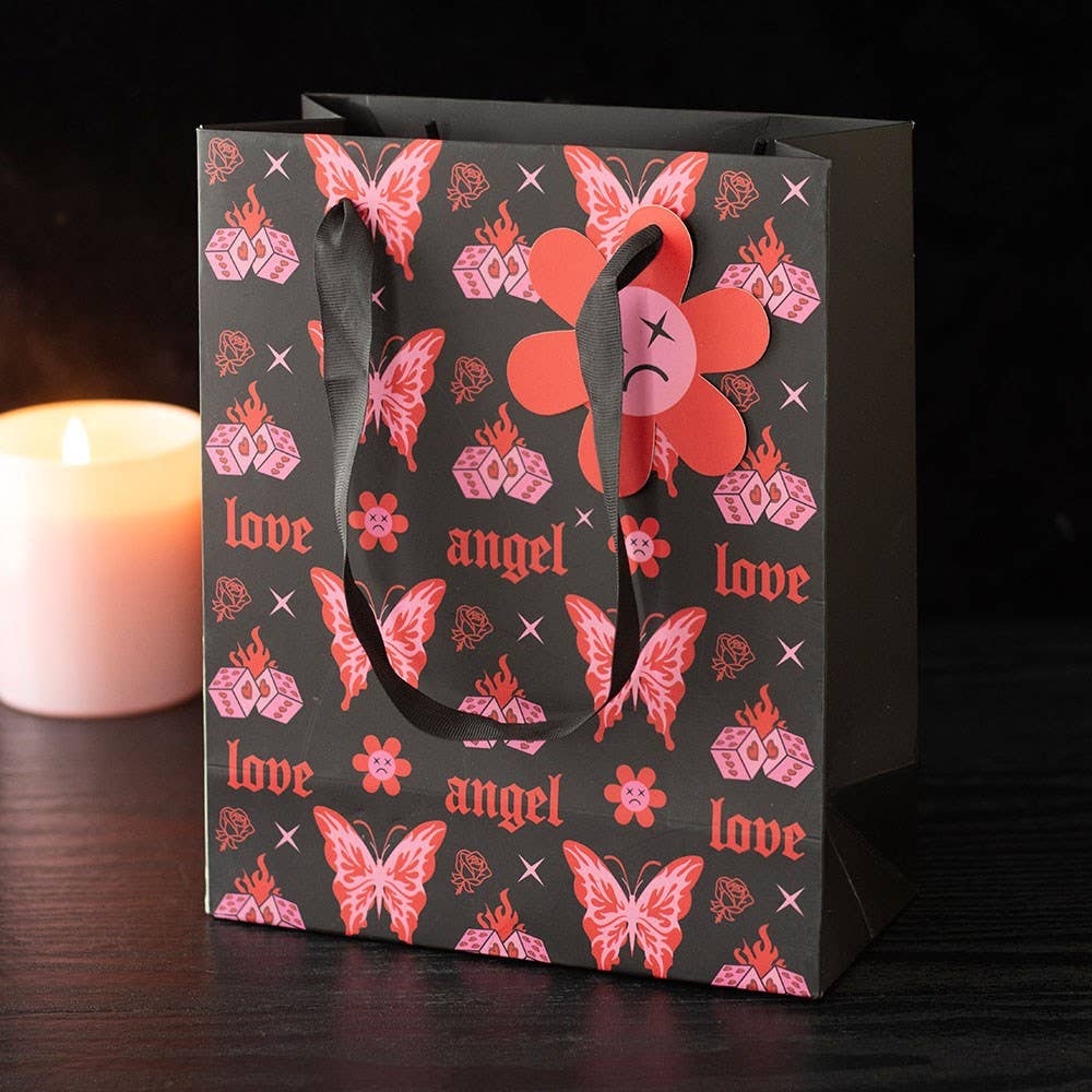 Medium Flaming Y2K Butterfly Gift Bag Angel, Love, Flames, Dice, Wrapping Paper - Gothic & Alternative Gift - Haunted