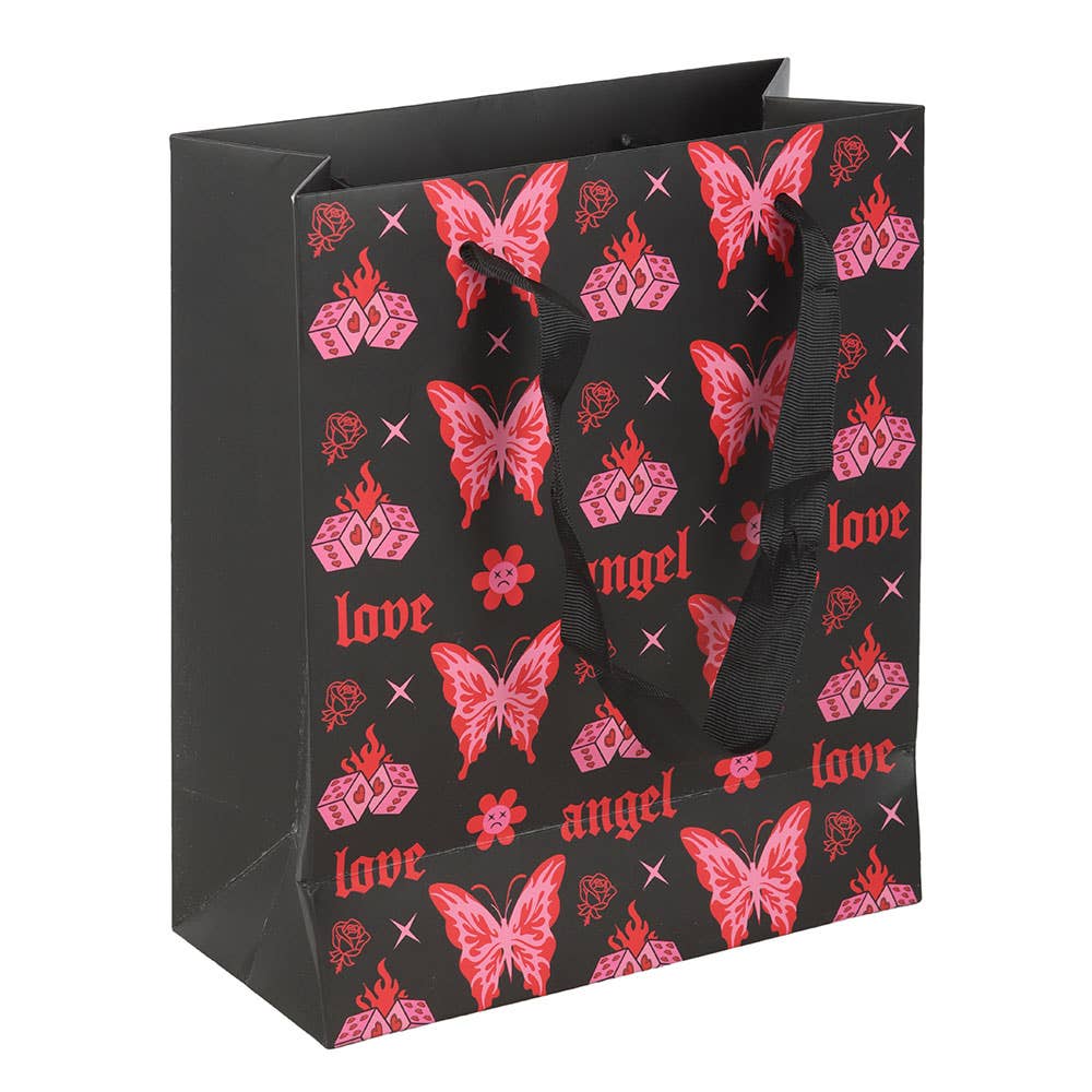 Medium Flaming Y2K Butterfly Gift Bag Angel, Love, Flames, Dice, Wrapping Paper - Gothic & Alternative Gift - Haunted