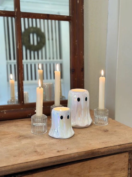 Mini White Iridescent Ghost Candle Pumpkin Spice Ceramic Candles - Gothic & Alternative Gift - Haunted