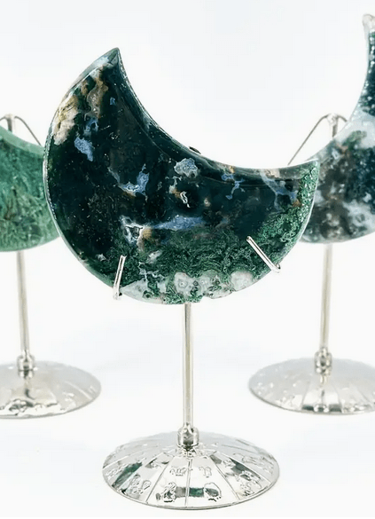 Moss agate crystal moon with metal display - Gothic & Alternative Gift - Haunted