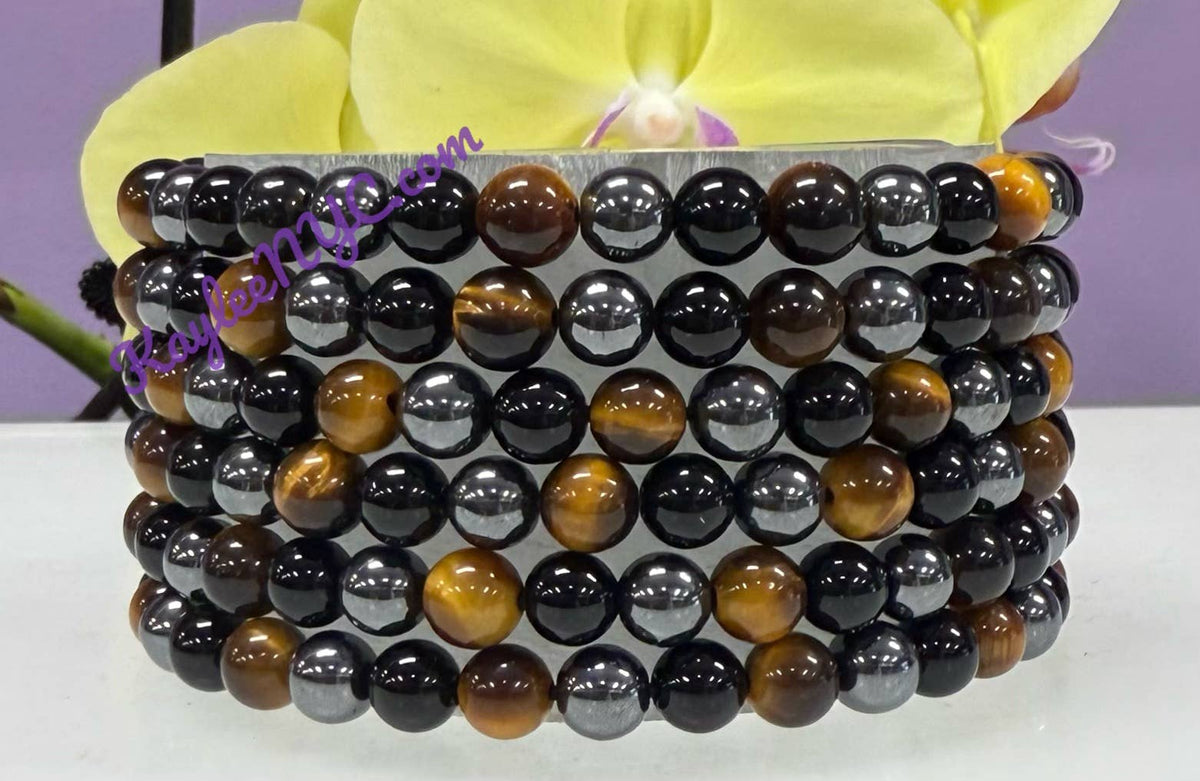 Natural Protection Crystal Stretch Bracelet, Tiger Eye Onyx Hematite 6mm Crystals - Gothic & Alternative Gift - Haunted