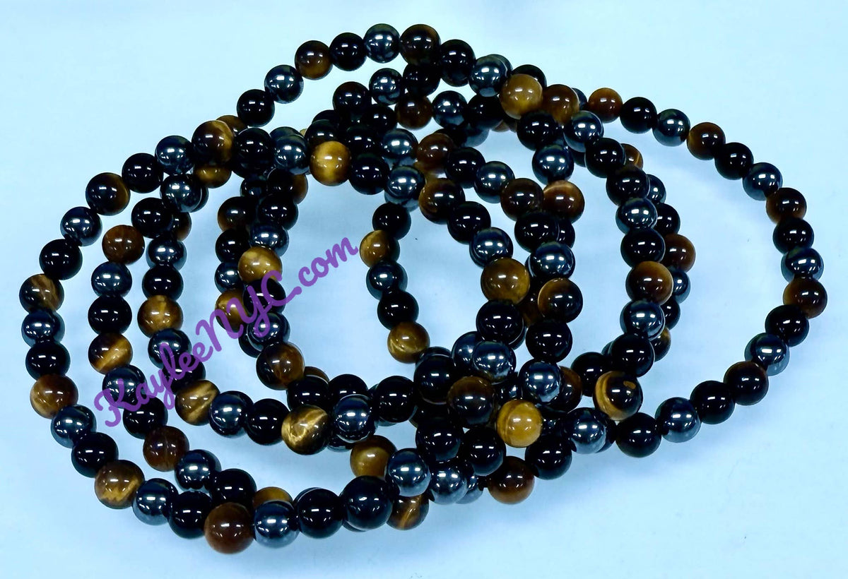 Natural Protection Crystal Stretch Bracelet, Tiger Eye Onyx Hematite 6mm Crystals - Gothic & Alternative Gift - Haunted