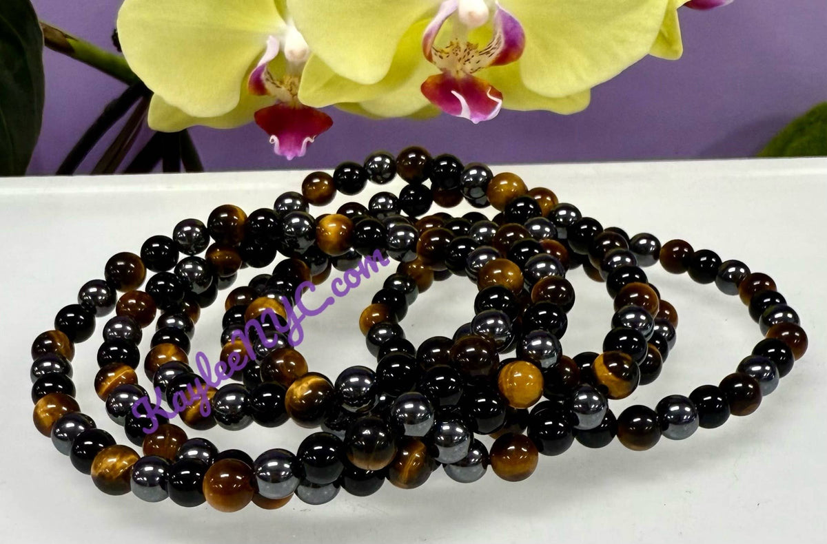 Natural Protection Crystal Stretch Bracelet, Tiger Eye Onyx Hematite 6mm Crystals - Gothic & Alternative Gift - Haunted