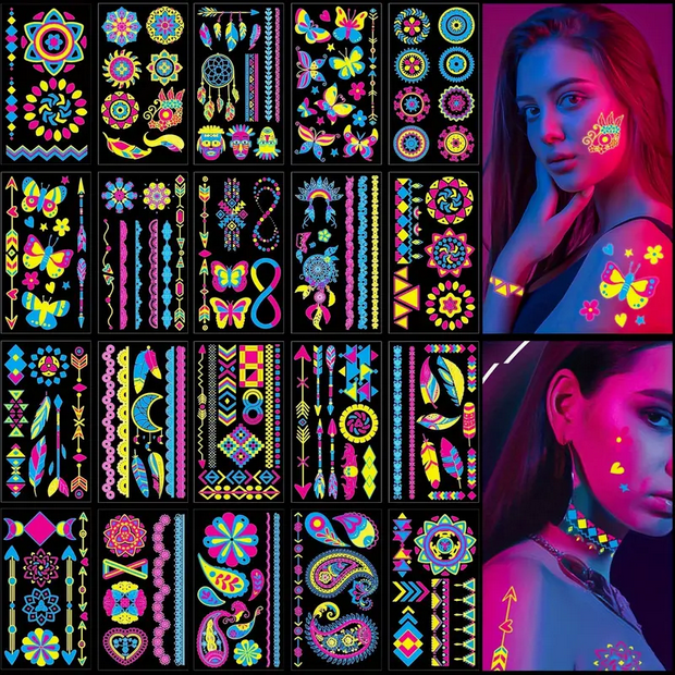 Neon Black Light Temporary Tattoos Costumes - Gothic & Alternative Gift - Haunted