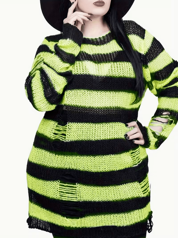 Neon Green Black Oversized Striped Ribbed Sweater Clothing Accessories - Gothic & Alternative Gift - Haunted