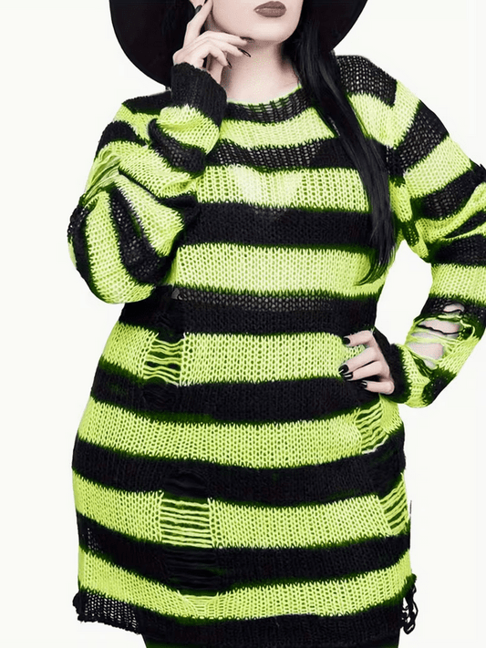 Neon Green Black Oversized Striped Ribbed Sweater Clothing Accessories - Gothic & Alternative Gift - Haunted