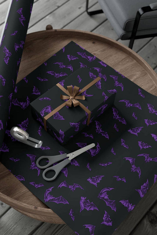 Nocturnal Bats Wrapping Paper [Black/Purple] [30" x 196"] Wrapping Paper - Gothic & Alternative Gift - Haunted