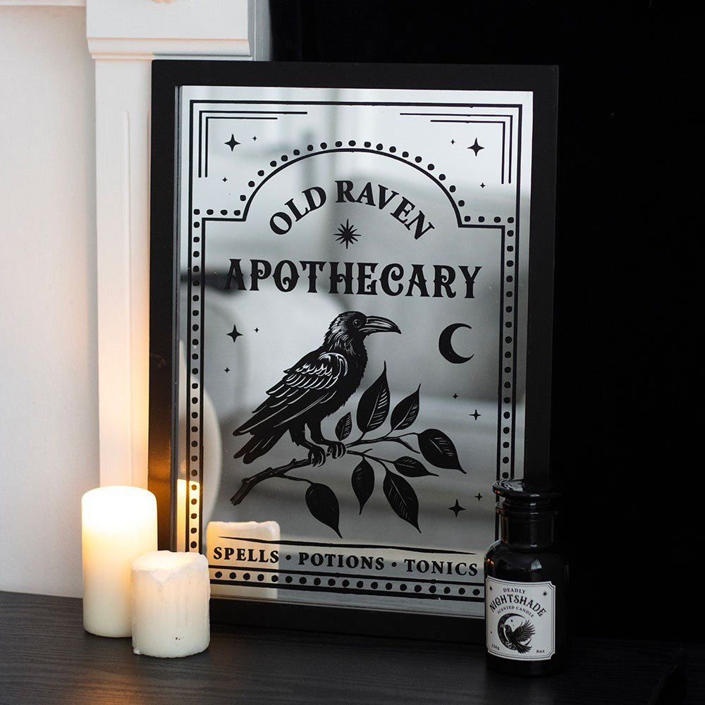 Old Raven Apothecary Mirrored Wall Art Wall Hanging - Gothic & Alternative Gift - Haunted