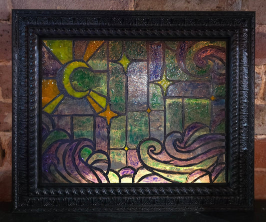 Painted Stained glass Moon and stars cloudy night framed artwork Original Artwork - Gothic & Alternative Gift - Haunted