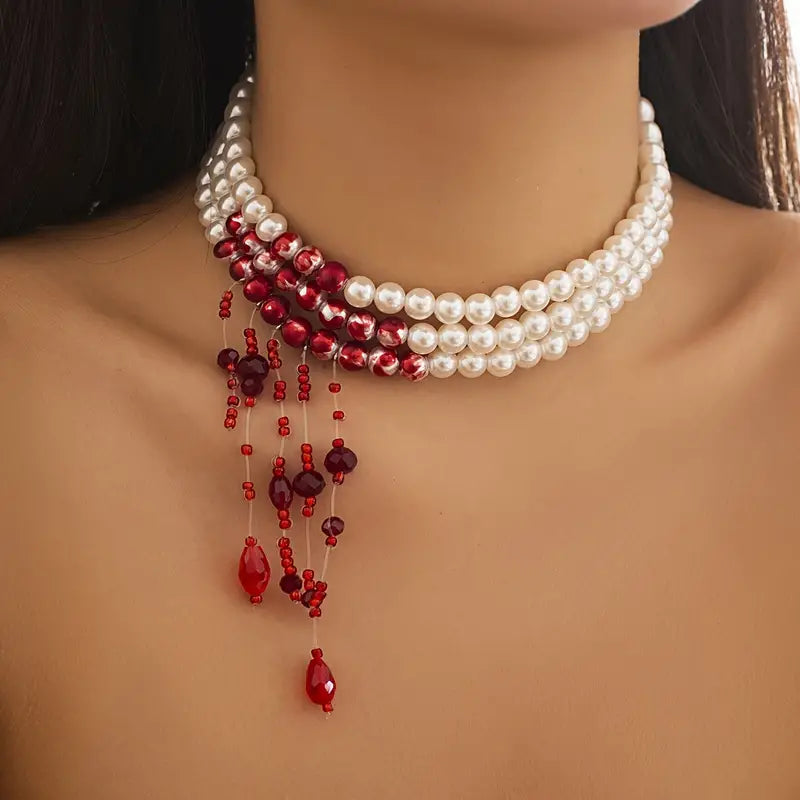 Collar de perlas góticas con colgante de borla con forma de gota de sangre, disfraz de Halloween para adultos, mordedura de vampiro, disfraz de vampiro