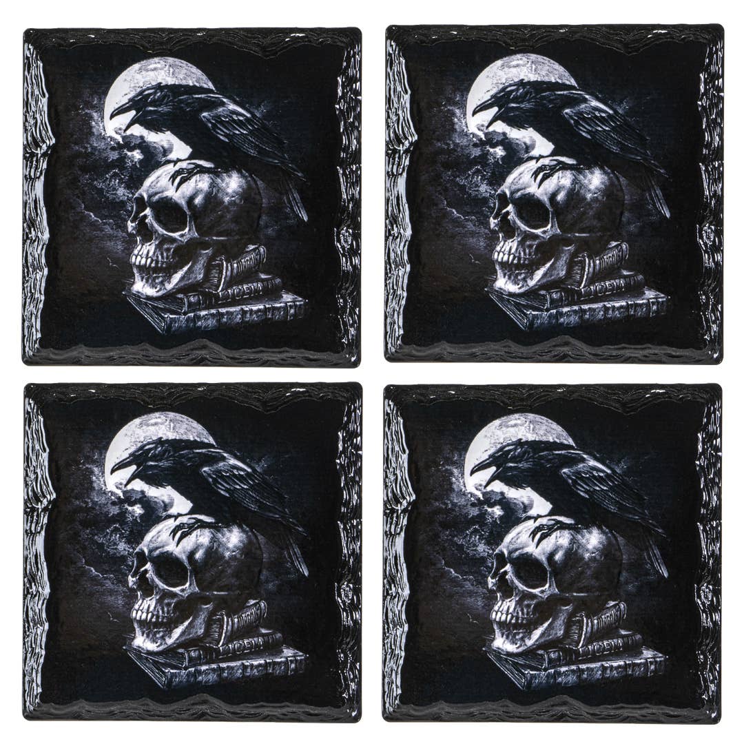 Poe's Raven on Skull Slate Coaster Set of 4 Barware - Gothic & Alternative Gift - Haunted