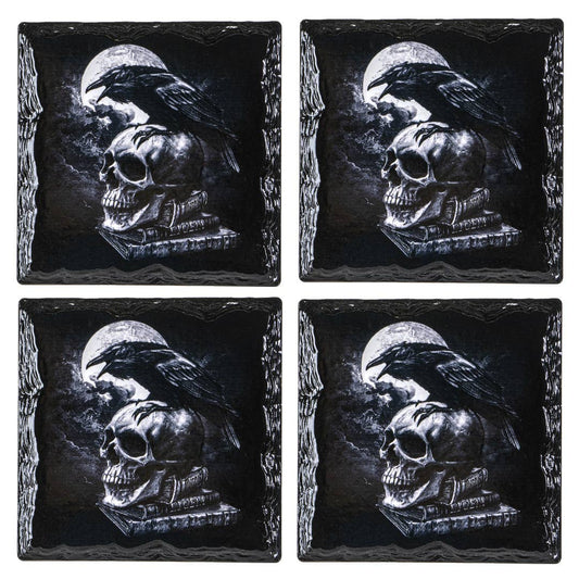 Poe's Raven on Skull Slate Coaster Set of 4 Barware - Gothic & Alternative Gift - Haunted