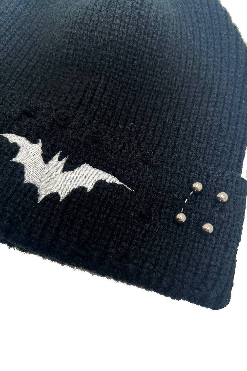 Premium Embroidered Bat Distressed Pierced Beanie Accessories - Gothic & Alternative Gift - Haunted