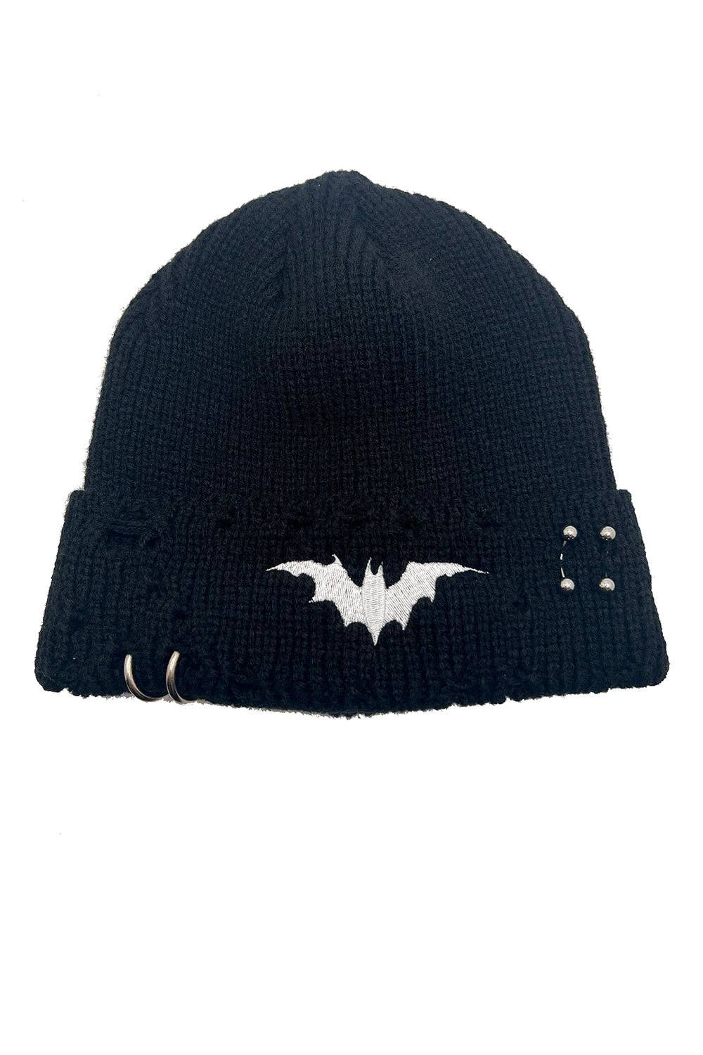 Premium Embroidered Bat Distressed Pierced Beanie Accessories - Gothic & Alternative Gift - Haunted