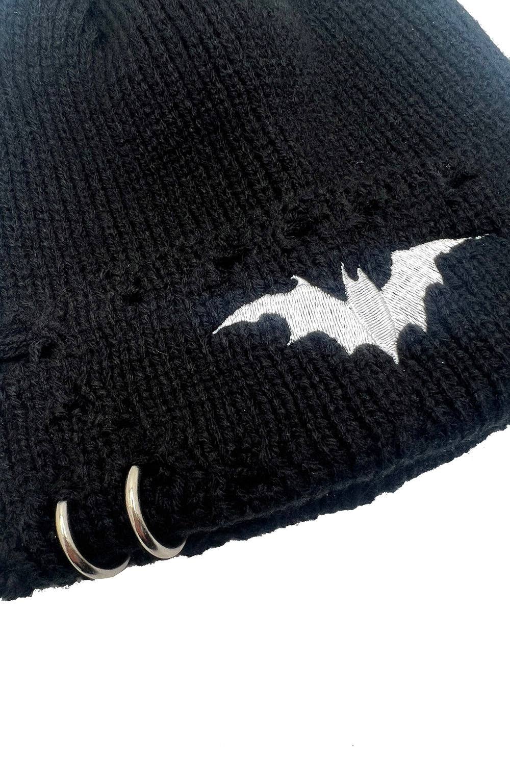 Premium Embroidered Bat Distressed Pierced Beanie Accessories - Gothic & Alternative Gift - Haunted