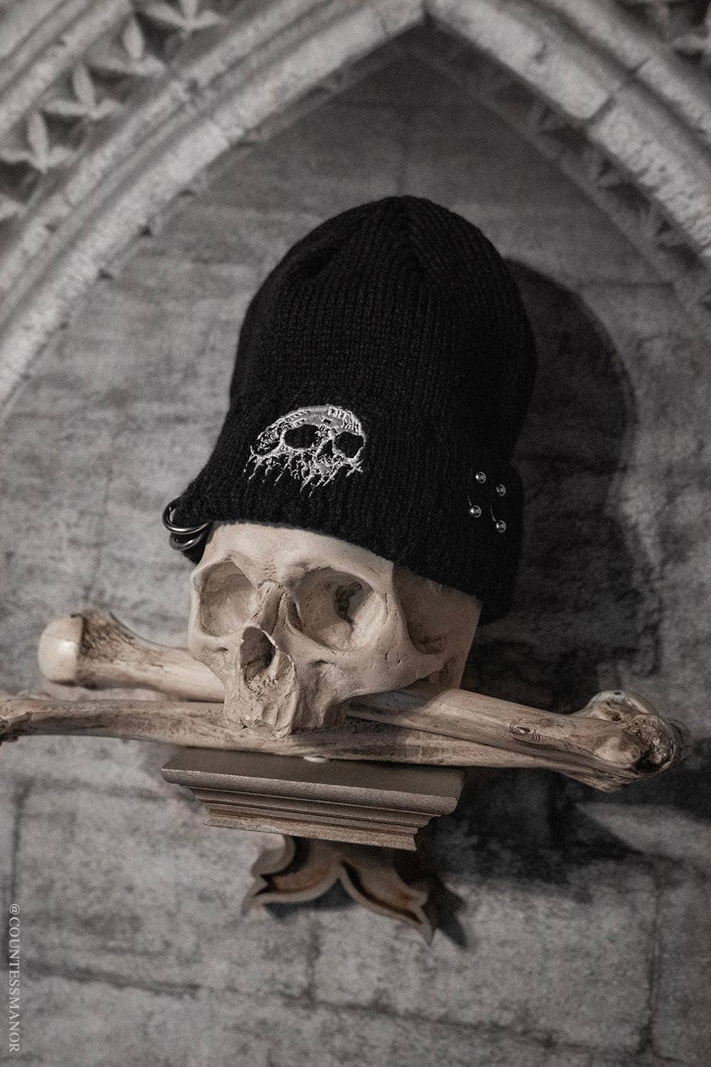 Premium Embroidered Dripping Skull Distressed Pierced Beanie Accessories - Gothic & Alternative Gift - Haunted