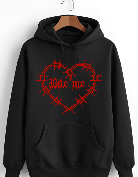 PUFF Print BITE ME Barbed Wire Heart Custom Black Hoodie Sweatshirt Pullover Clothing - Gothic & Alternative Gift - Haunted