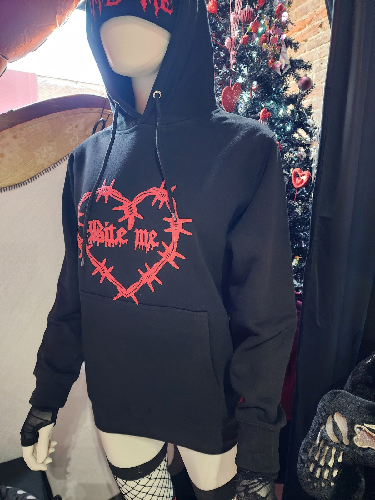 PUFF Print BITE ME Barbed Wire Heart Custom Black Hoodie Sweatshirt Pullover Clothing - Gothic & Alternative Gift - Haunted