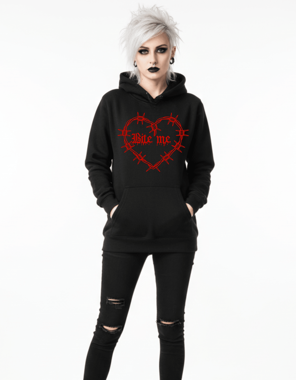 PUFF Print BITE ME Barbed Wire Heart Custom Black Hoodie Sweatshirt Pullover Clothing - Gothic & Alternative Gift - Haunted