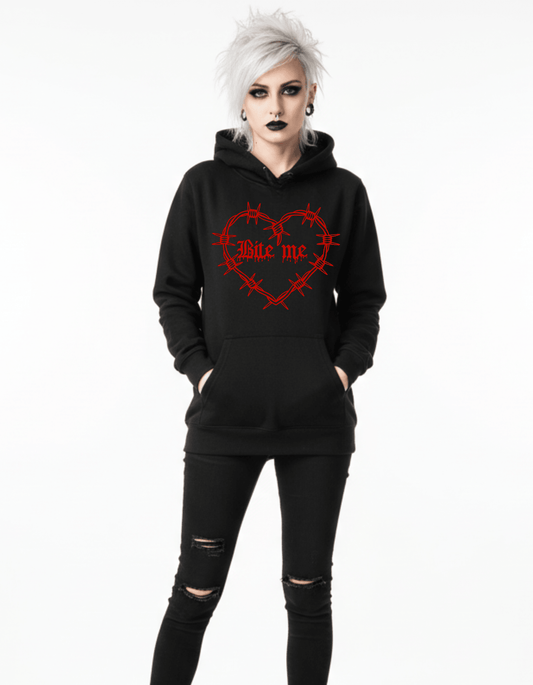 PUFF Print BITE ME Barbed Wire Heart Custom Black Hoodie Sweatshirt Pullover Clothing - Gothic & Alternative Gift - Haunted
