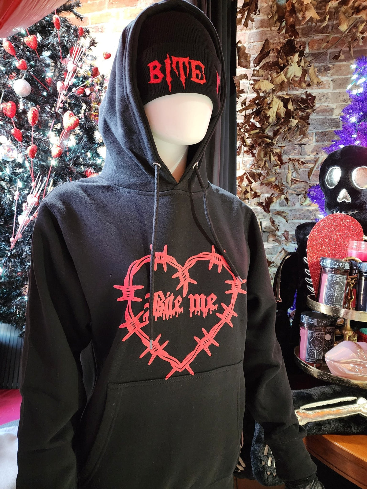 PUFF Print BITE ME Barbed Wire Heart Custom Black Hoodie Sweatshirt Pullover Clothing - Gothic & Alternative Gift - Haunted