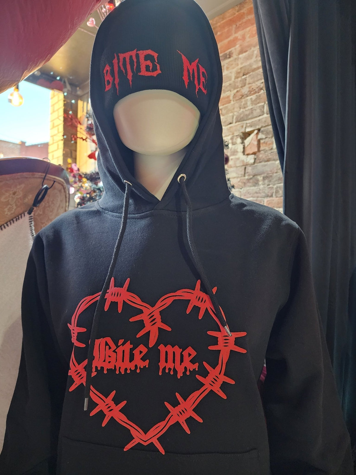 PUFF Print BITE ME Barbed Wire Heart Custom Black Hoodie Sweatshirt Pullover Clothing - Gothic & Alternative Gift - Haunted
