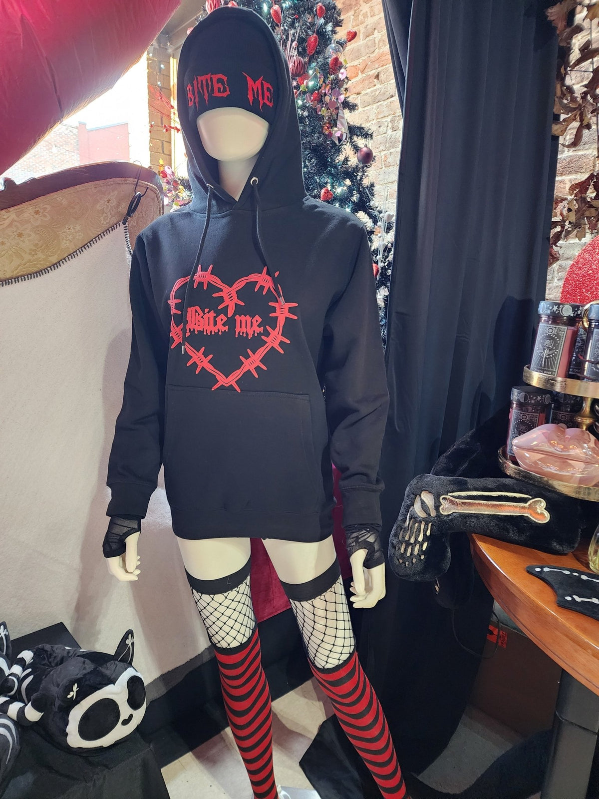 PUFF Print BITE ME Barbed Wire Heart Custom Black Hoodie Sweatshirt Pullover Clothing - Gothic & Alternative Gift - Haunted