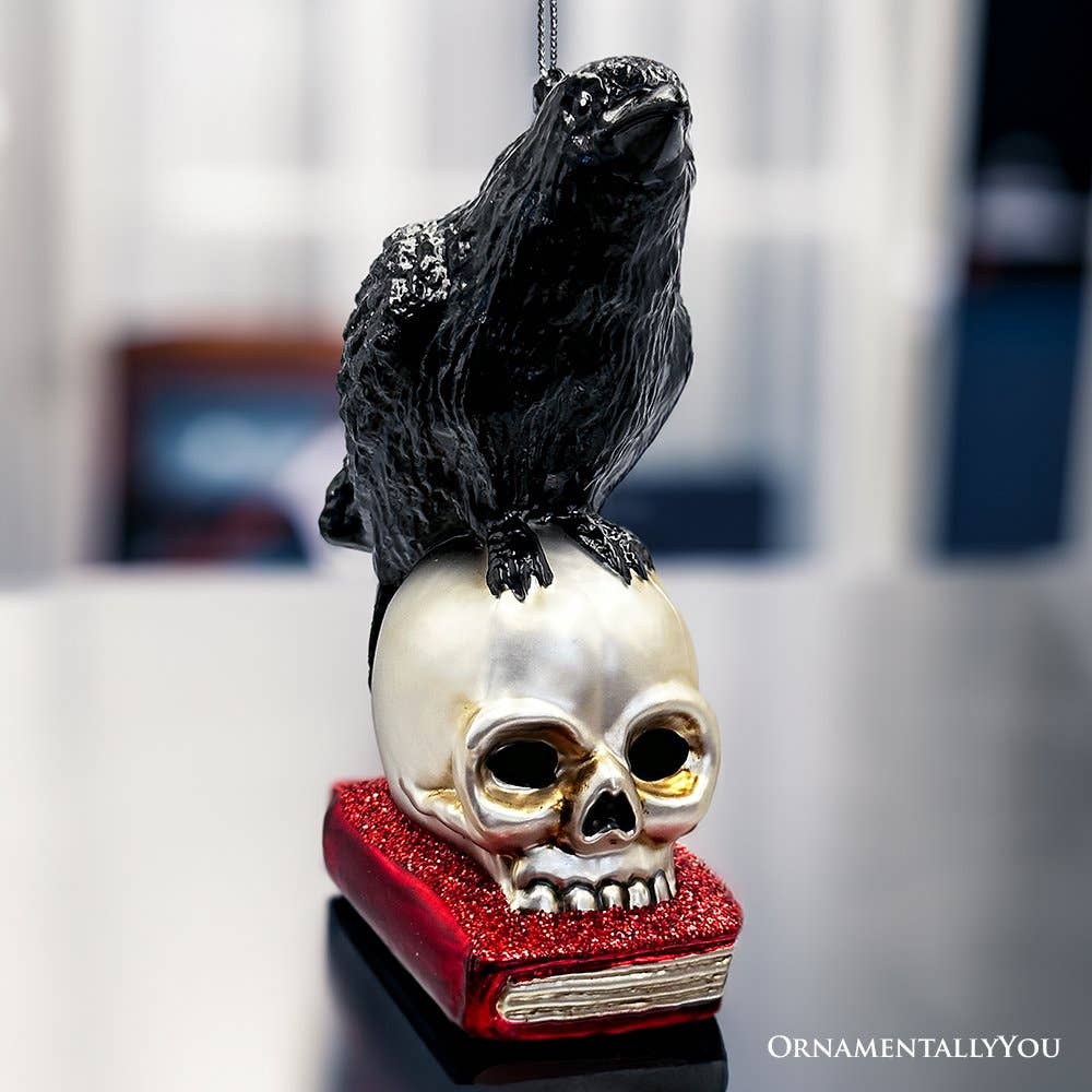 Raven on Skull and Book Glass Ornament Gothmas, Christmas, Creepmas, Holiday Ornaments - Gothic & Alternative Gift - Haunted