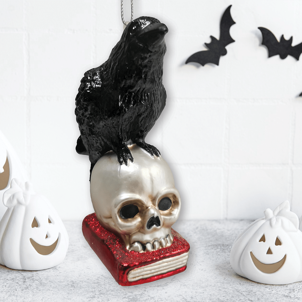 Raven on Skull and Book Glass Ornament Gothmas, Christmas, Creepmas, Holiday Ornaments - Gothic & Alternative Gift - Haunted