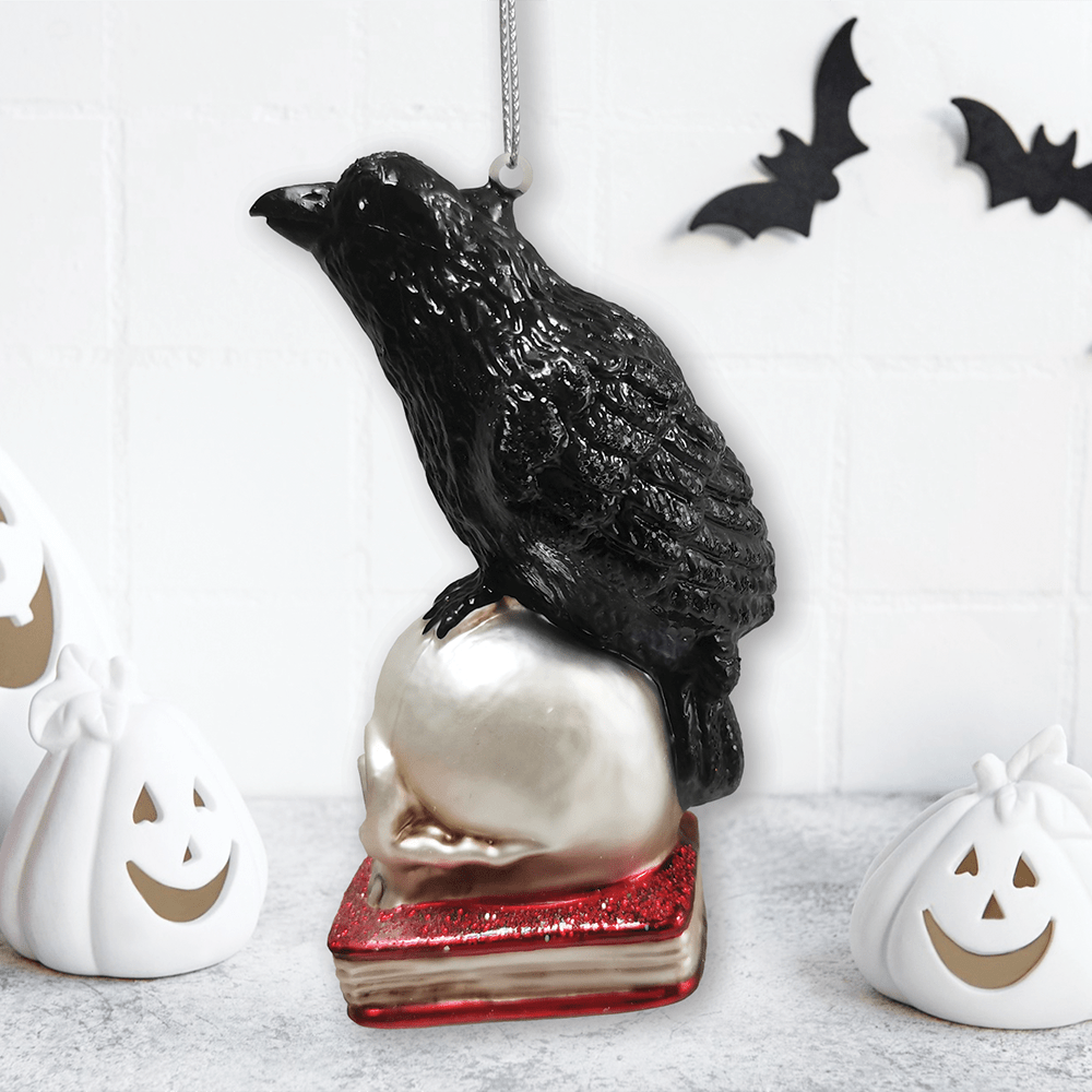 Raven on Skull and Book Glass Ornament Gothmas, Christmas, Creepmas, Holiday Ornaments - Gothic & Alternative Gift - Haunted