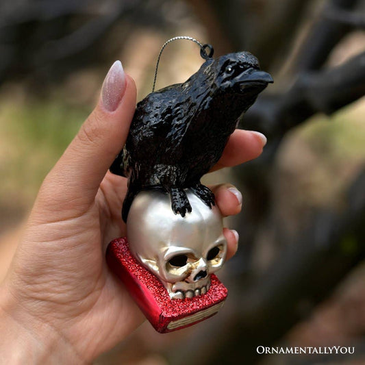 Raven on Skull and Book Glass Ornament Gothmas, Christmas, Creepmas, Holiday Ornaments - Gothic & Alternative Gift - Haunted