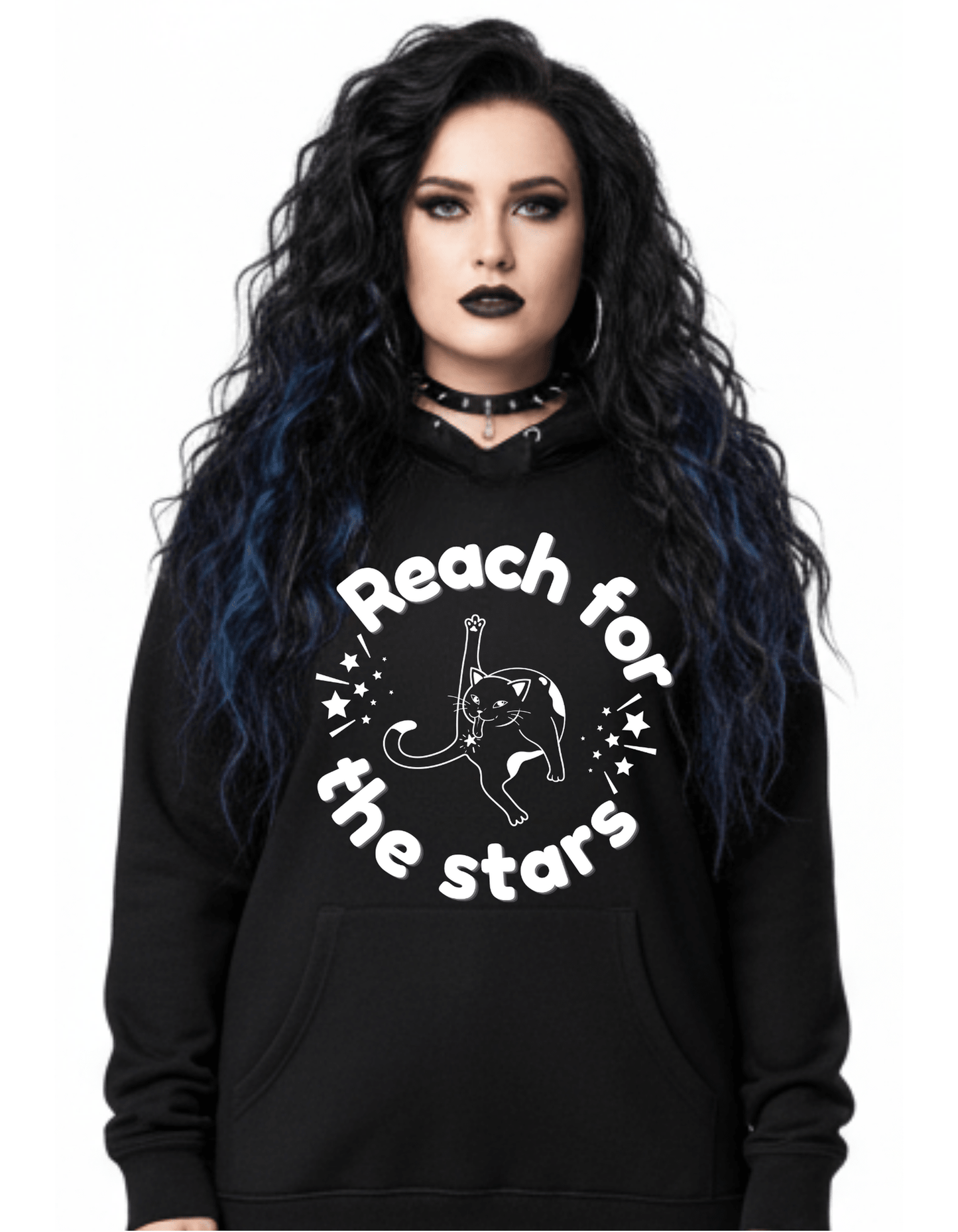 Reach for the Stars FUNNY CAT Custom Black Hoodie Sweatshirt Pullover Clothing - Gothic & Alternative Gift - Haunted