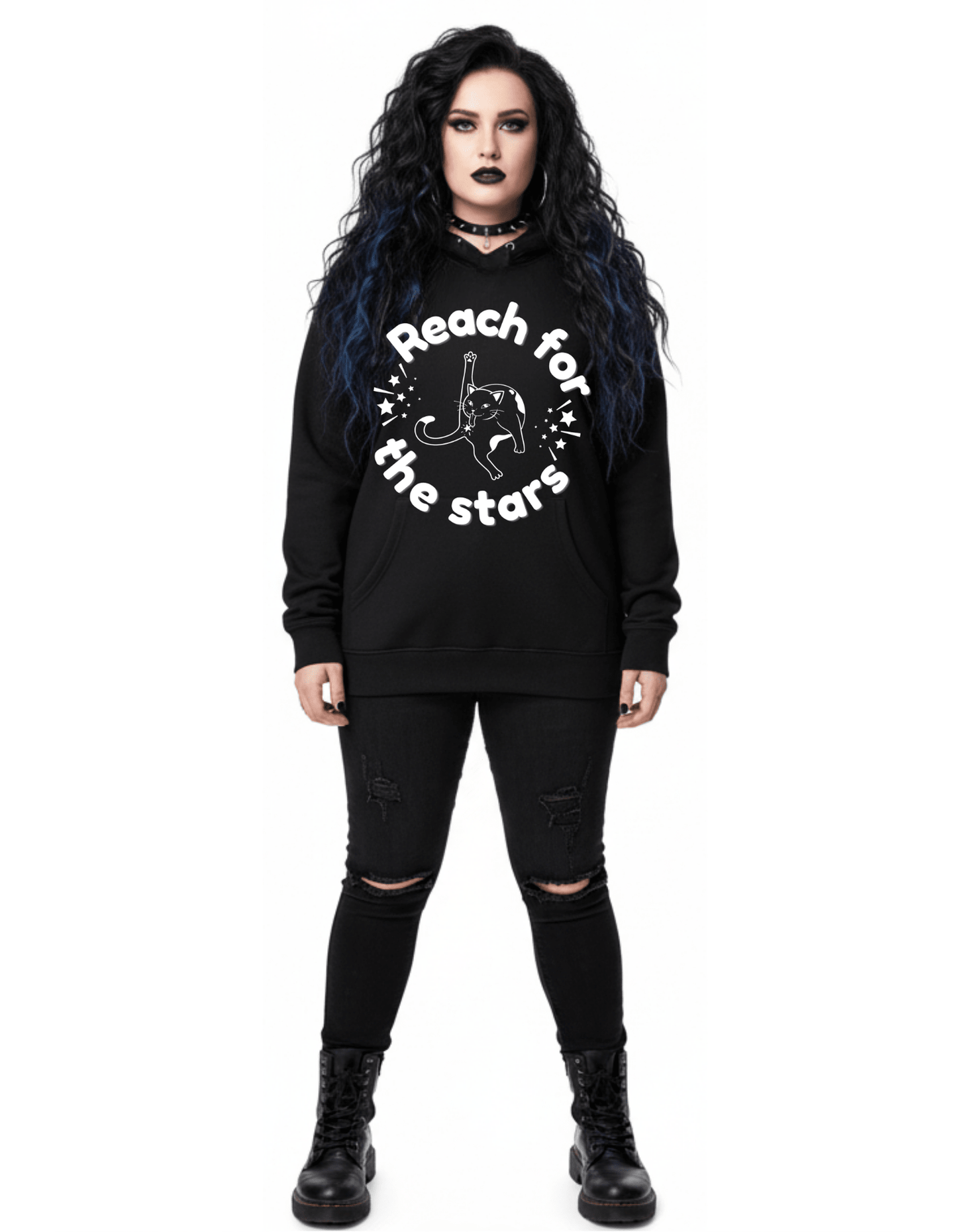 Reach for the Stars FUNNY CAT Custom Black Hoodie Sweatshirt Pullover Clothing - Gothic & Alternative Gift - Haunted