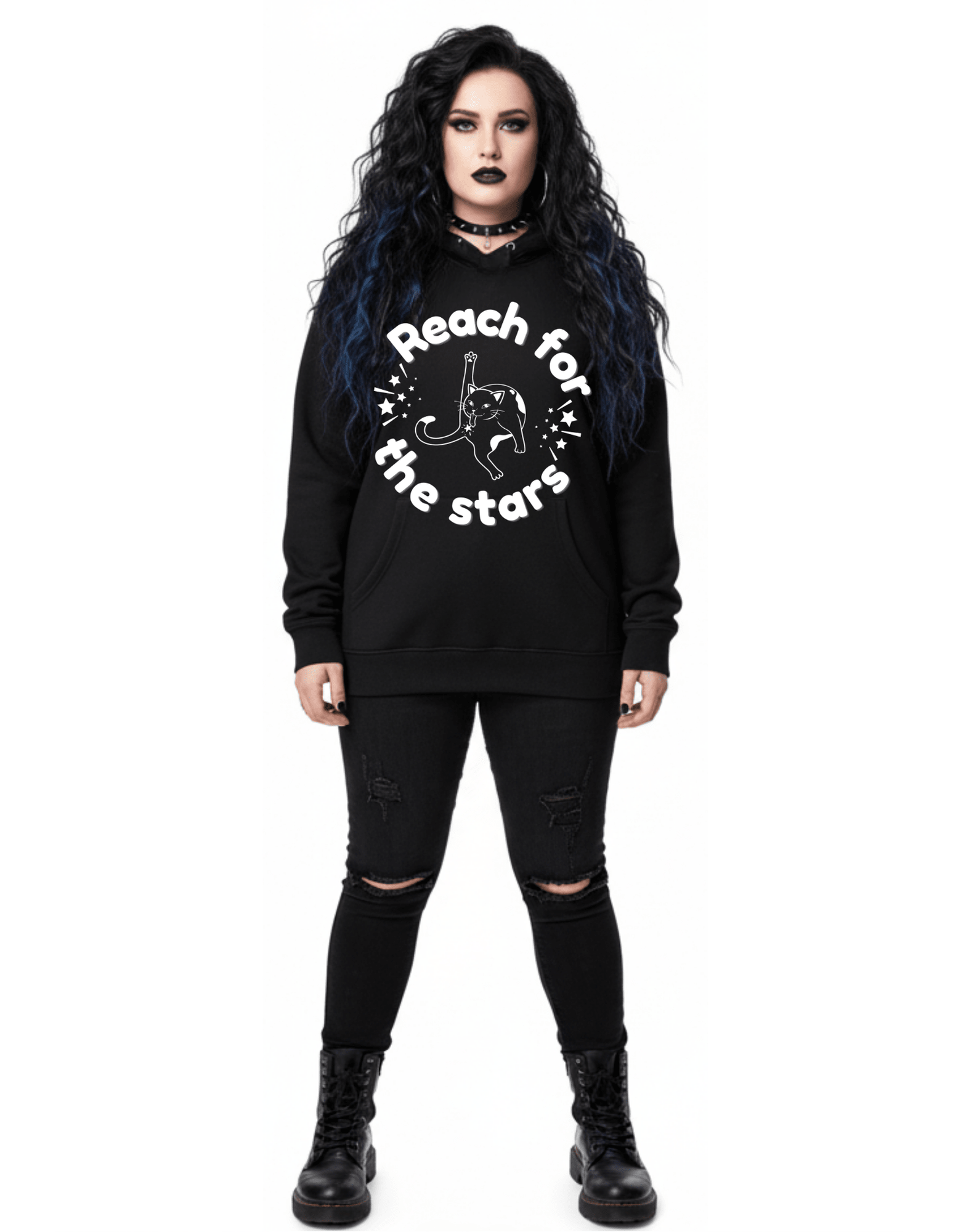Reach for the Stars FUNNY CAT Custom Black Hoodie Sweatshirt Pullover Clothing - Gothic & Alternative Gift - Haunted