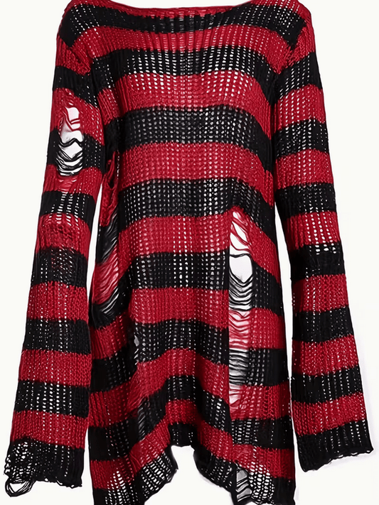 Red Black Oversized Striped Ribbed Sweater Clothing Accessories - Gothic & Alternative Gift - Haunted