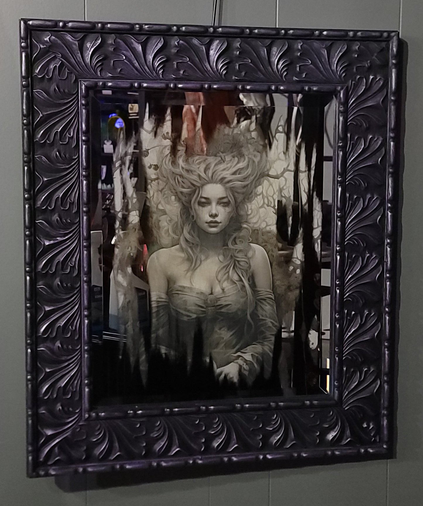Reflections of the Enchantress: Handpainted Mirror Artwork Wall Hanging - Gothic & Alternative Gift - Haunted