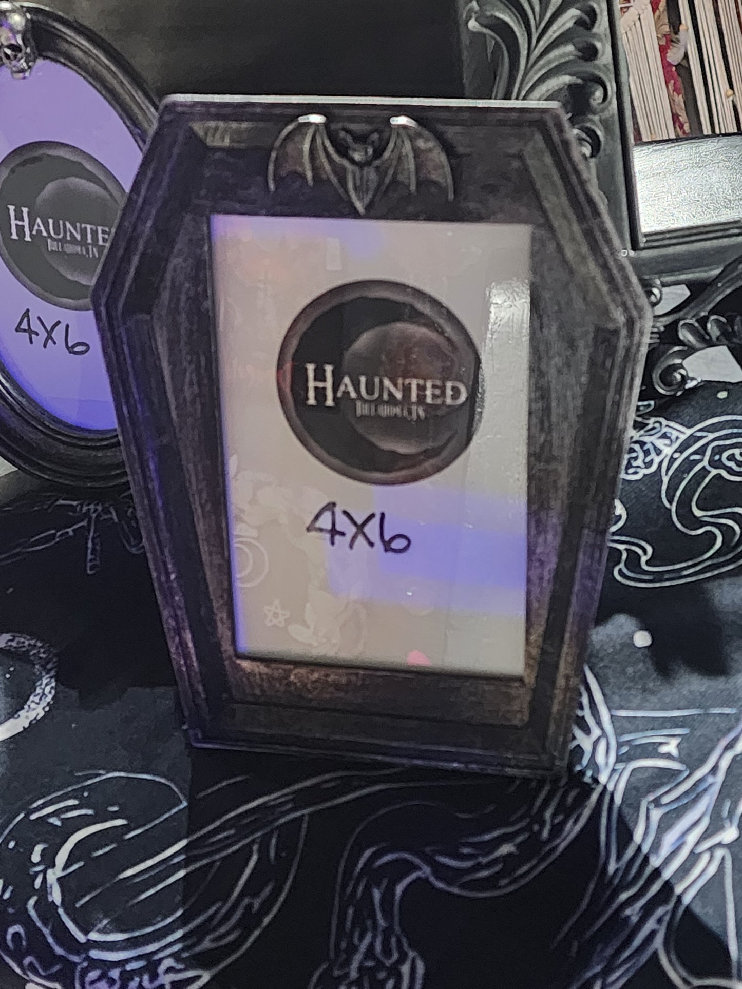 Black Distressed Coffin Shaped with Bat Picture Frame