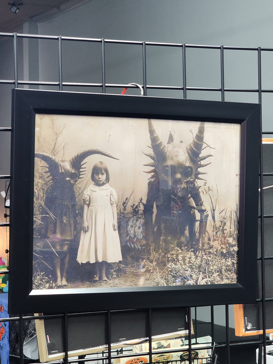 Monsters and girl playing Framed Print Halloween Gothic Victorian Vintage