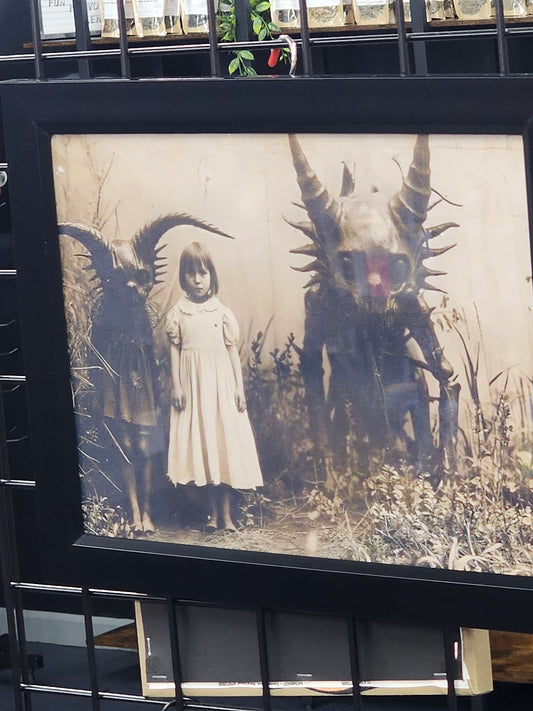 Monsters and girl playing Framed Print Halloween Gothic Victorian Vintage