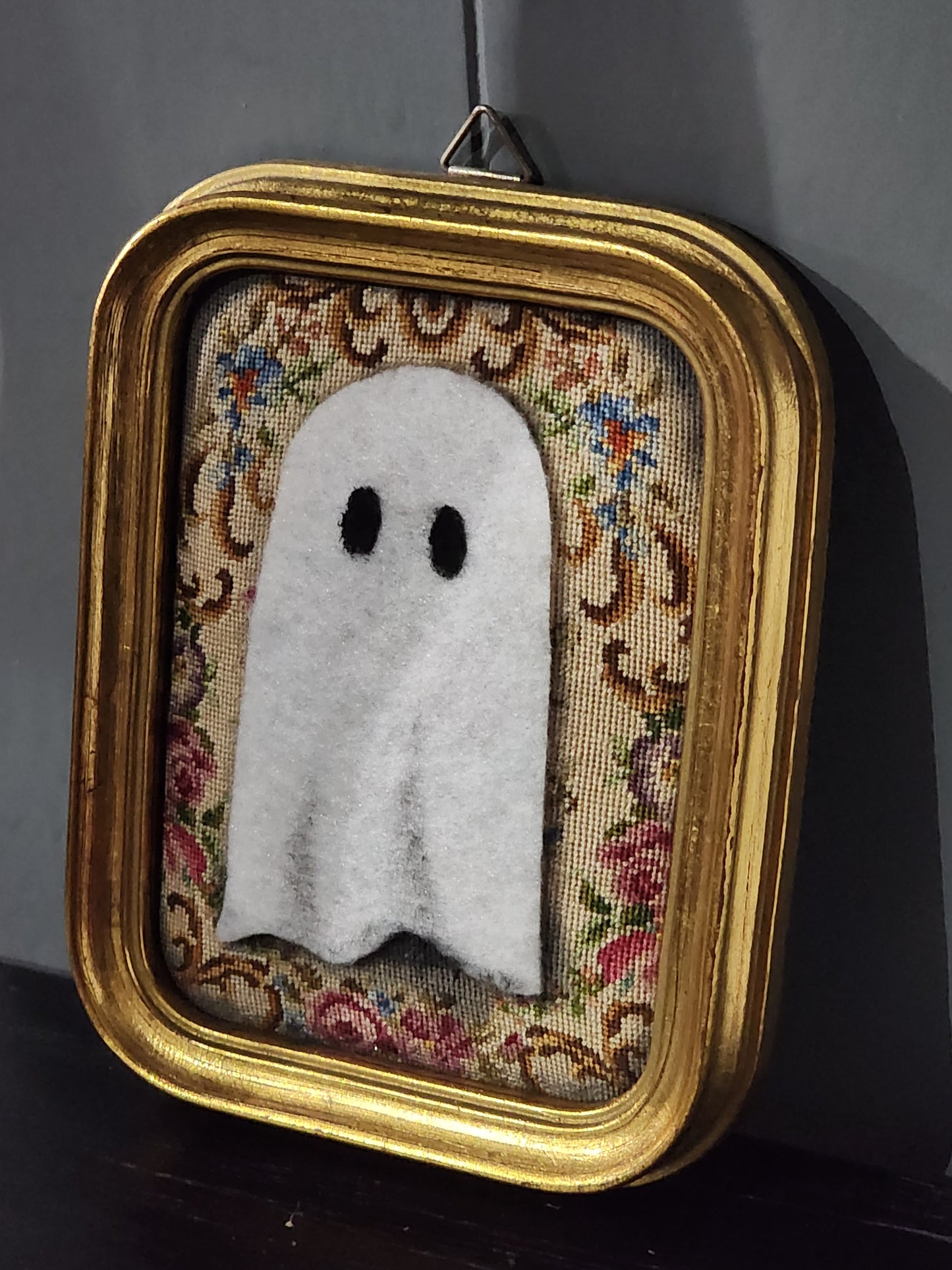 Handmade Original Ghost on Needlepoint Antique Wood Frame