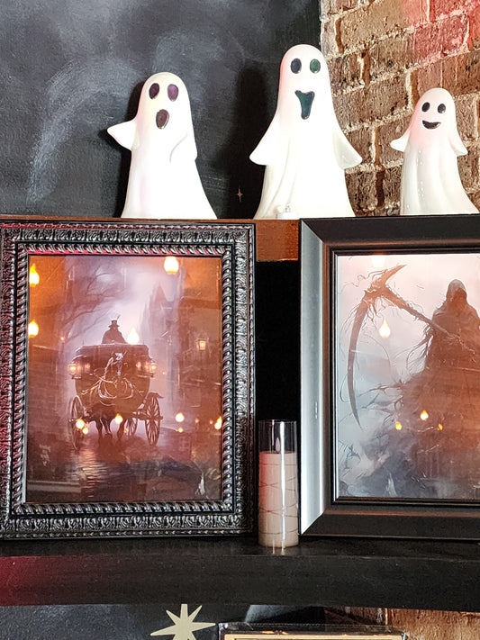 Antique Stagecoach with Black Horse at Night Framed Print