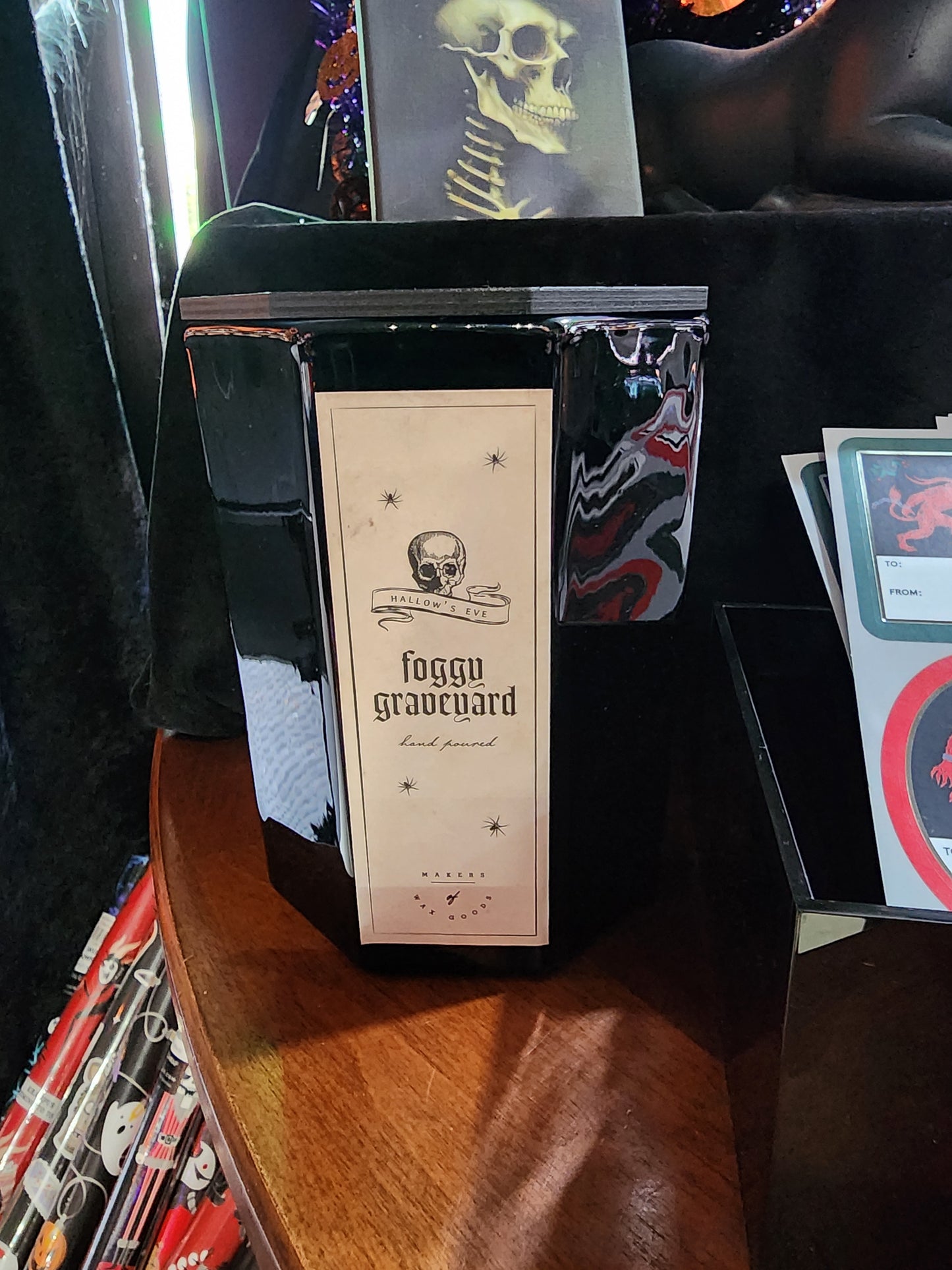 XL Foggy Graveyard Creep it Real Glass Candle Black  Spiderweb Wood Lid