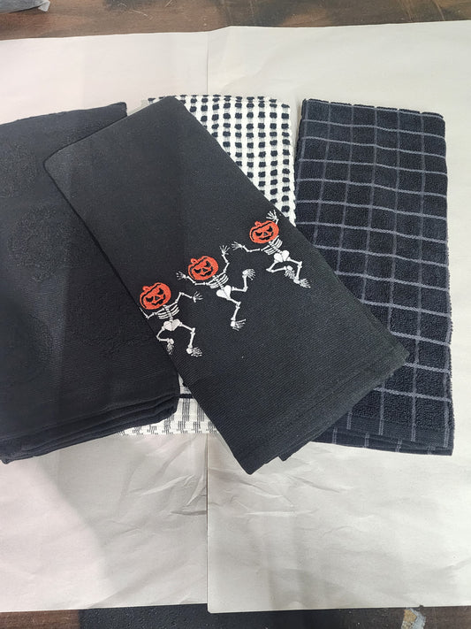 Pumpkin Jack-o-Lantern Skeleton Dancing Kitchen Towels Set of 4