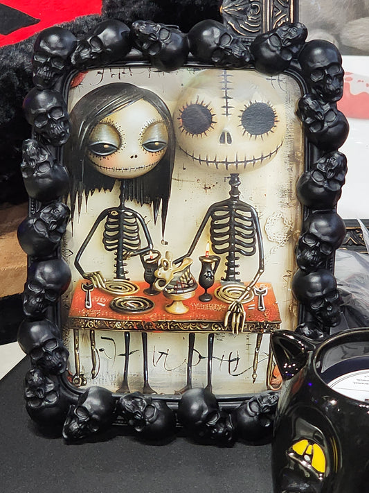 In Death Creepy  Cute Spooky Skeleton Couple in Skull Frame
