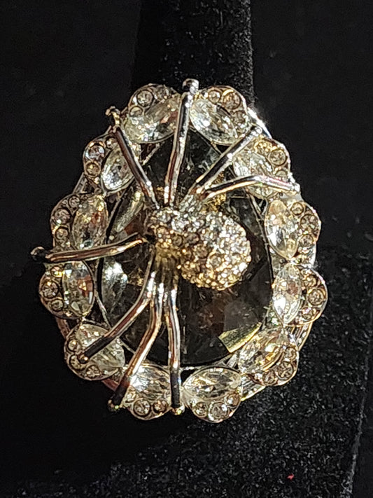 Large Gothic Crystal and Silver Spider Ring