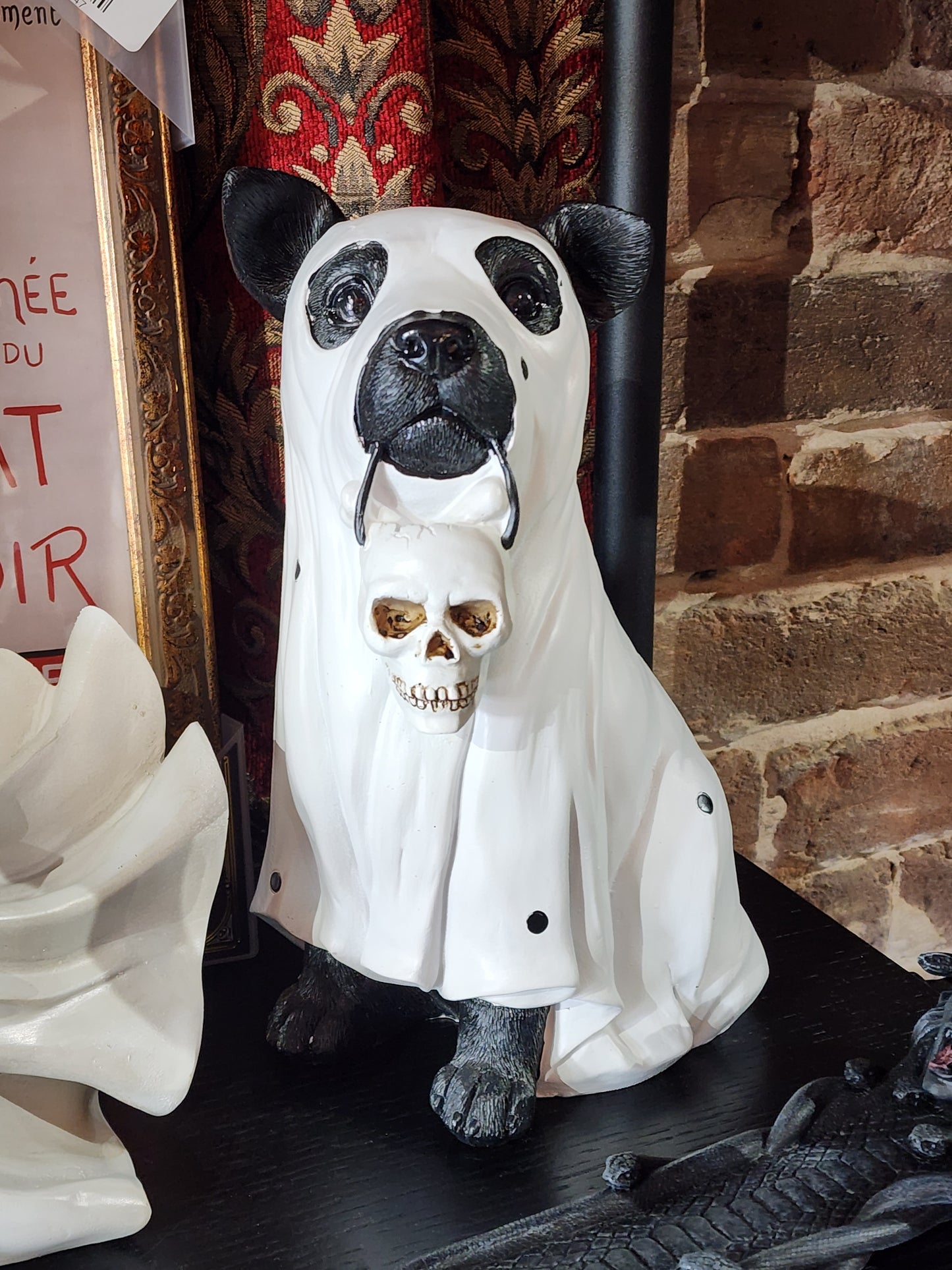 Ghost Dog Treat or Treating with Skull Statue