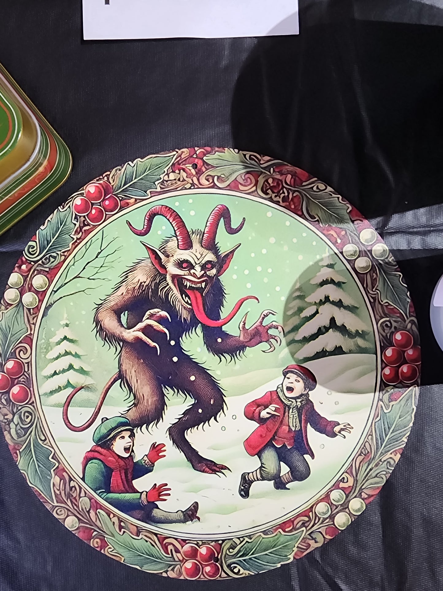 Vintage Krampus Round Metal Wall Art Plaque Christmas Holiday