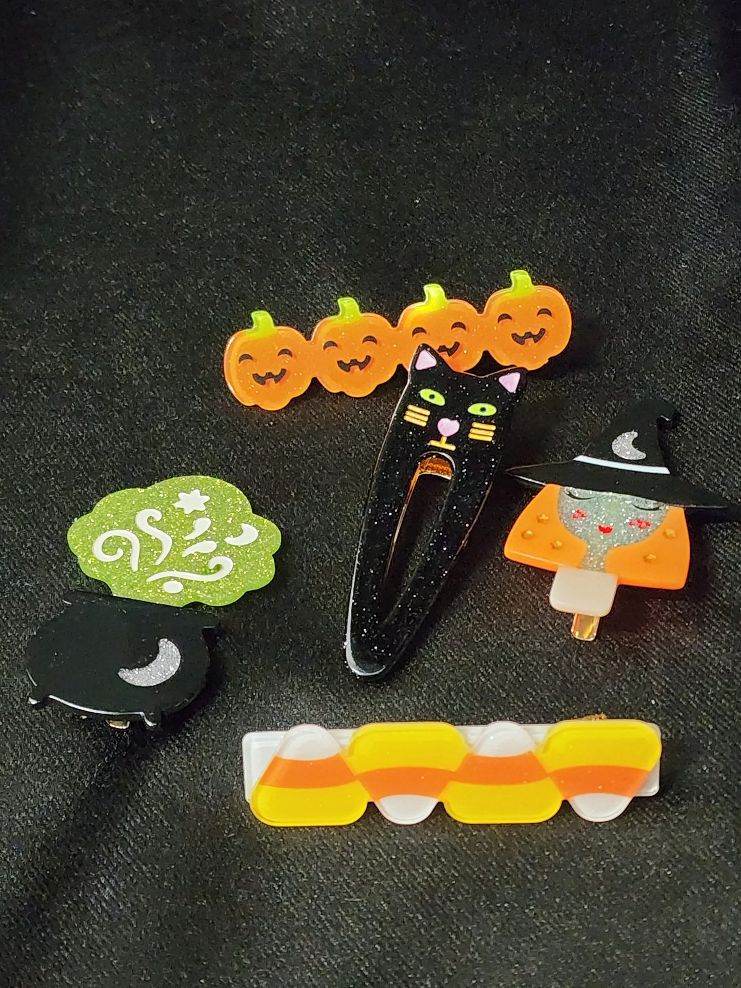 Halloween Hair Clip Black Cat, Pumpkins, Candy Corn, Witch, Cauldron