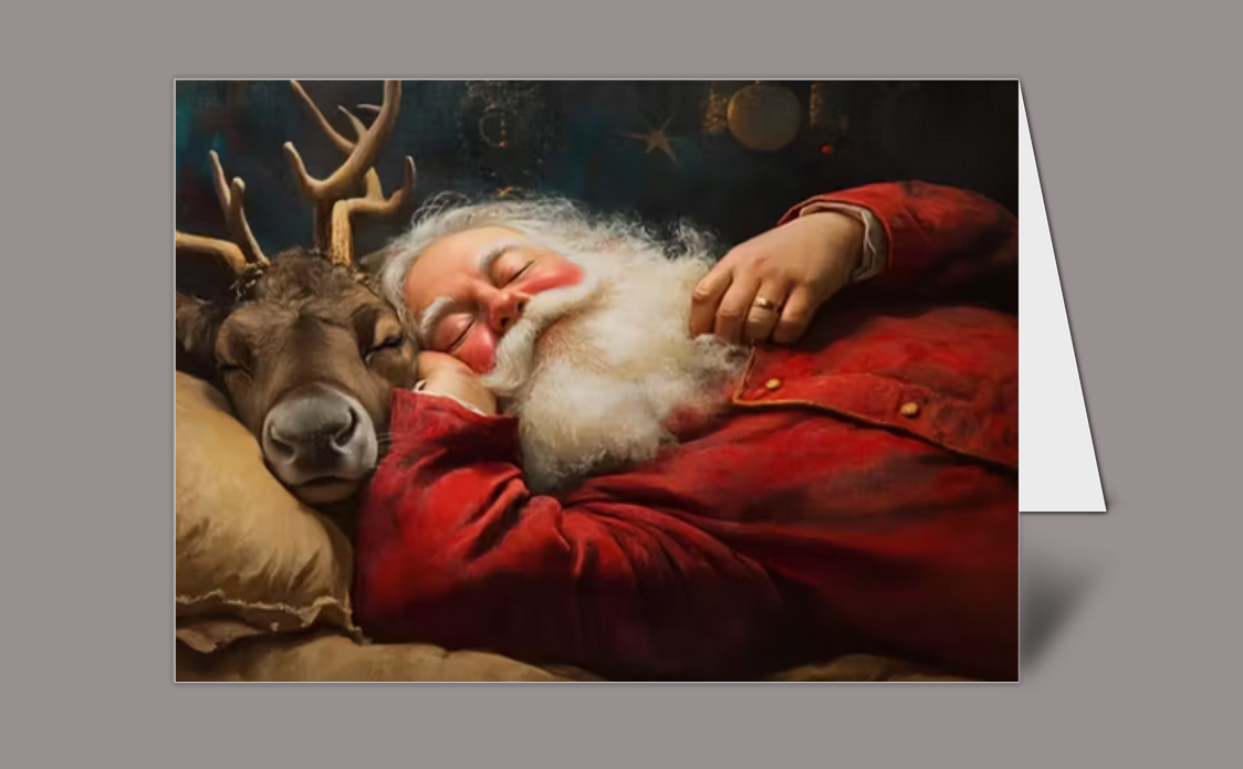 Santa, Reindeer Barn Christmas Holiday Greeting Card