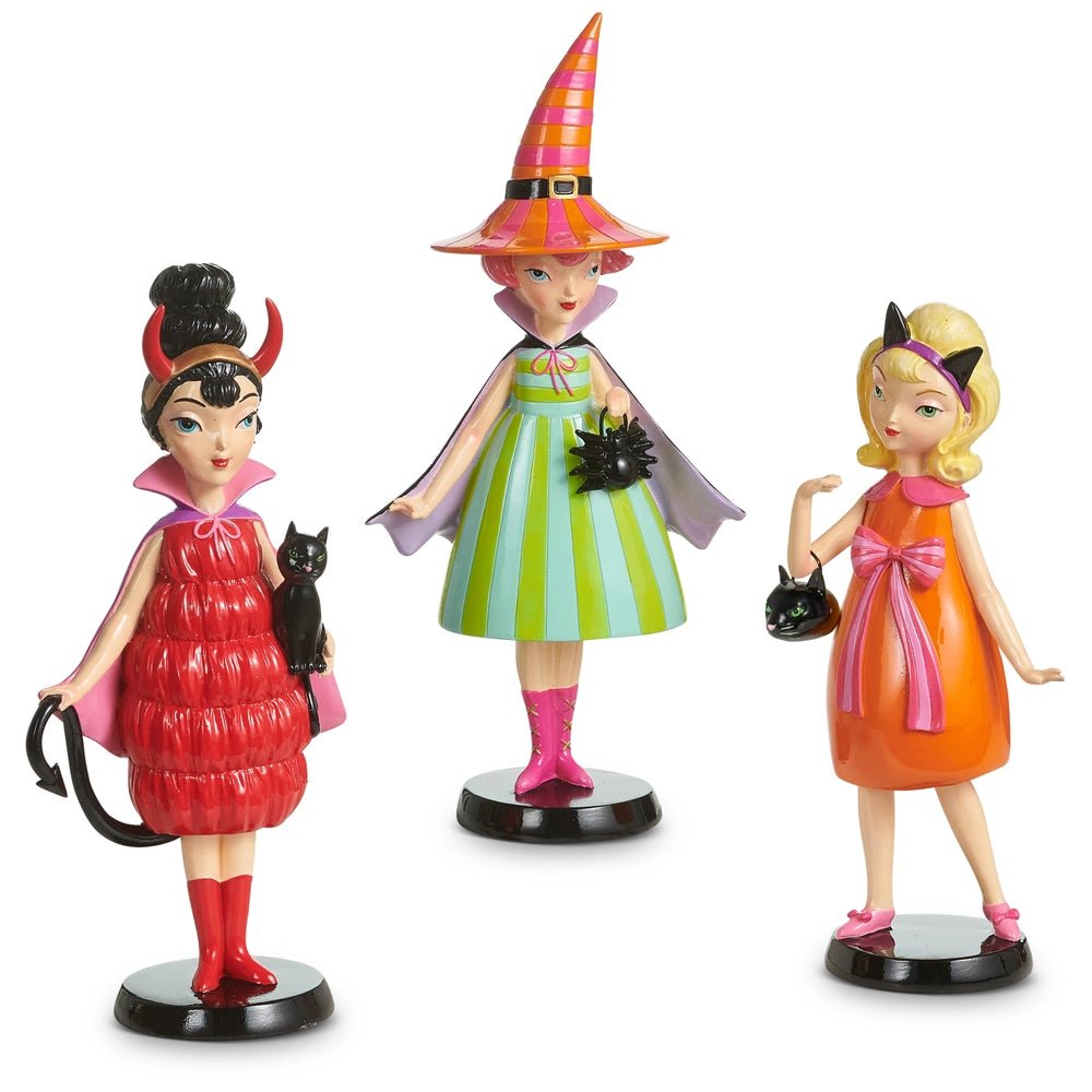 Sassy Vintage-Style Trick-or-Treat Girl Figurine Set — Set of 3 Retro Halloween Collectibles Home Decor - Gothic & Alternative Gift - Haunted